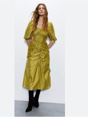 Warehouse London Ruched Puff Sleeve Cutout Midi Dress Chartreuse Size 2